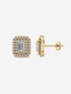 Front and side view La Perle earrings in 18k yellow gold featuring a luxurious halo of diamonds around a central emerald-cut lab diamond.