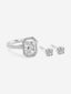 Etoile diamond ring and stud earrings set in 18k white gold, showcasing a radiant-cut diamond ring with a halo setting and matching diamond stud earrings.