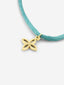 Close-up of the Bisou bracelet showing a gold floral charm on a turquoise cord.