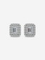 La Perle earrings in 18k white gold featuring a luxurious halo of diamonds around a central emerald-cut diamond.