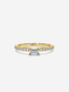 Front view of the Petite Baguette ring in 18k yellow gold, with a baguette diamond and pave diamond band.